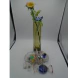 glass basket with glass sweets, 5p pigs, vase and glass flowers