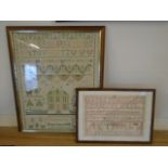2 framed stitch work pictures, Susan Jane 1988, smaller one has broken glass, its stitched 1886