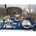 silver plated items to include Sheffield teapot, mappin and webb mixed cutlery, napkin ring and