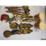 mixed brass items to incluse wooden handled kitchen tools, candle snuffer, pair of bongos and cast