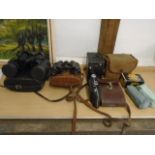 pathscope binoculars 10x50, Enba Luxe binoculars, vintage kodak 620 camera with leather carry