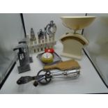 Box of kitchenalia to include salters scales, butter pats, bakerlite timer- case broken