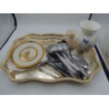 silver plated tray, aynsley vase, assorted cutlery and china