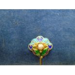 Pretty flower lapel pin, gilded silver with enamel design and small pearl in centre