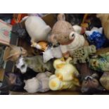 Box of ornamental animals, mainly cats but to include soap stone elephant and buddah