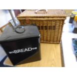 Pigeon/cat/picnic basket and black tin bread bin