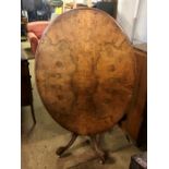 Victorian burr walnut oval loo table on original base with splayed legs and white porcelain