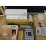 Box of mixed items to include large candle vase, china swan, 2 x china candlesticks, led key fobs,