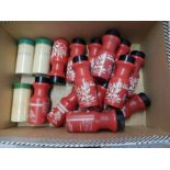box of plastic retro spice jars