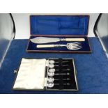 Silver plated, bone handled fish serving knife and fork in case, 6 silver plated coffee spoons in