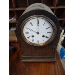 Oak Cased Mantle Clock with enamelled dial with pendulum 12 1/2 inches tall
