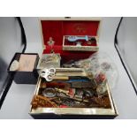 Box of costume jewellery, box of watch repair items and others