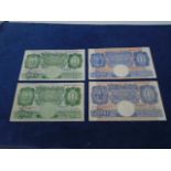 4x Bank of England One Pound Notes - 2x blue K Peppiatt 1934-49, 1x green K Peppiatt and 1x green