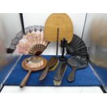 Dressing table set, 2 x ebony brush, hand held mirror and nail tool stand, plus 3 fans and another