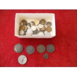 A small box of mixed coins inc 1/4d, silver 3p and 6p's mostly British but inc 1858 and 1806 1/2p