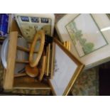 Box of miscellaneous items to include clocks, scales, mirror and framed prints