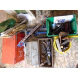 Tools, tool boxes, mitre say, sythe, box of fishing reels and 2 small fishing fold out stools