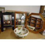 Box of mixed items to include 3 framed mirrors, 2 lamps and a pot meirion bowl which has a crack.
