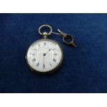ladies silver pocket watch enamel dial, with key