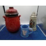 Rumtopf west german lidded jar, Holkham pottery mug to commemorate charles and diana, german stein