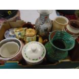 box of vases and pots with a cottage style teapot, bowl and milk jug