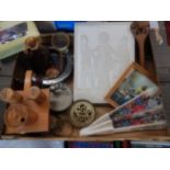 Box of assorted items to include wall plaque, fan, dinky car, silver plated and brass items