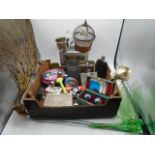 Box of misc. items to include hipflasks, caged birds, mini prayer and hymn book set, novelty clock