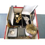 A box of Various costume jewellery items/coins and plated items