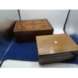 2 wooden boxes larger one 21x31cm sewing/jewellery work box with inserts and detail to top and
