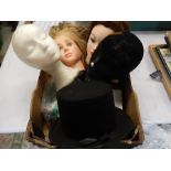 2 mannequin heads for displaying hats, 2 used hair styling doll heads, top hat