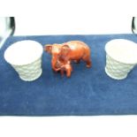 China Elephant and 2 Royal Doulton Pots 3 inches tall