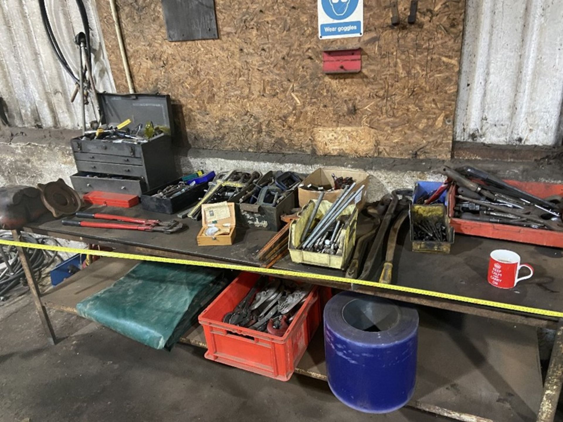 Metal Welding bench with vice 8ft x 27" - (contents of bench not included)
