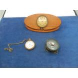 vintage clock (poss car) in wooden mount, smiths pocket watch, aircraft clock