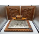 3 wooden plaques and parquetry cigarette box