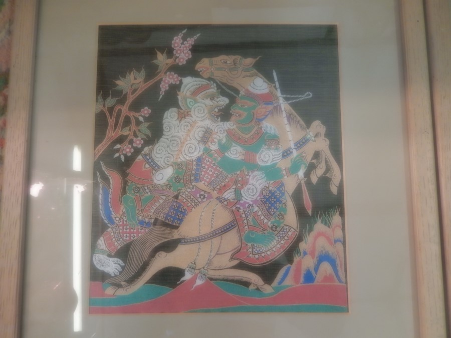 Embroidery on silk pictures and mosaic oriental warrior - Image 2 of 5