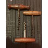 3 Antique Wood Handled Cork Screws longest 4 1/2 inches