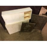 Vintage kitchen wall cabinet , bathroom cabinet and 2 brass firescreens