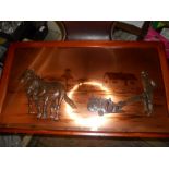 Copper Picture of Heavy Horses walking away from plough 25 x 14 inches