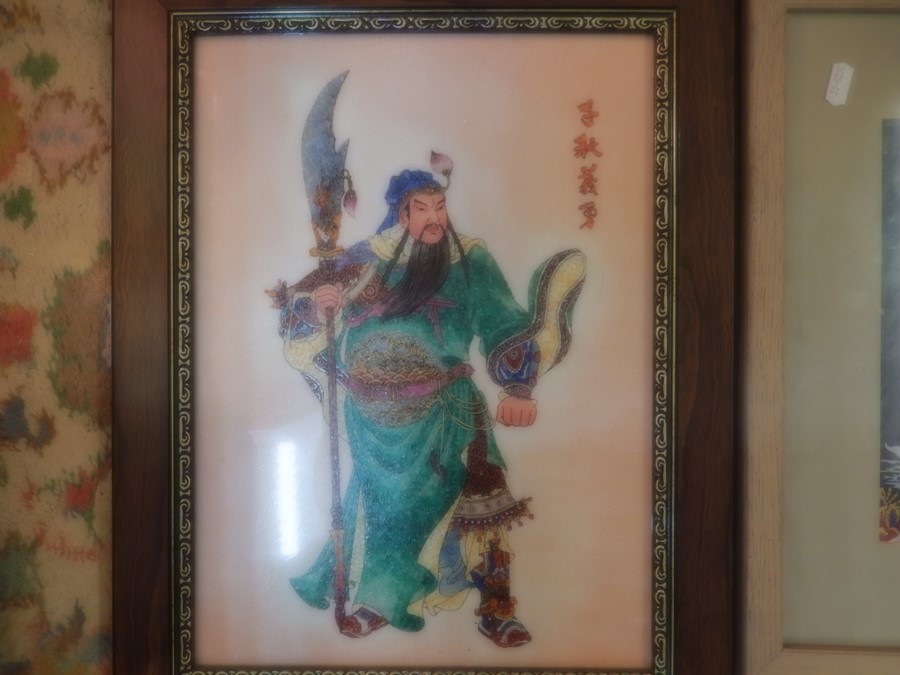 Embroidery on silk pictures and mosaic oriental warrior - Image 5 of 5