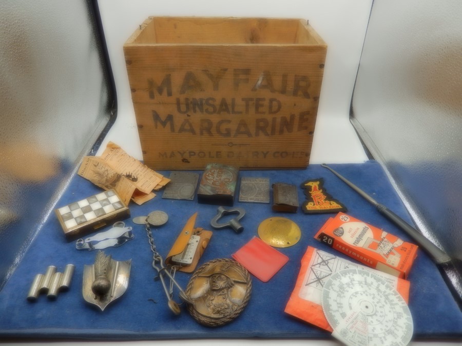 Maypole Dairy co margarine box with collectors items to include a compact, bakelite vesta case,