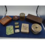 collection of boxes, tins gramophone needles in tins, musical powder puff pot