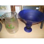 Grolsch Jug 9 inches tall and blue glass pedestal dish ( chipped on rim ) 9 inches tall