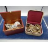 Jewellery box of costume jewellery and box of badges