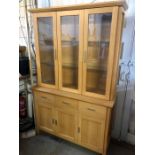 Morris 3 Door Oak Display Cabinet with Sideboard Base. Top section has lights and glass shelves.