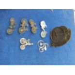 collection of bicycle penny farthing belt buckle, brooches and pins