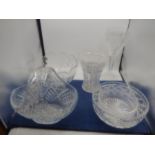 crystal cut glass to include 3 bowls, vase, basket and glass