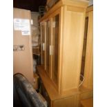 Morris 3 Door Oak Display Cabinet with Sideboard Base. Top section has lights and glass shelves.