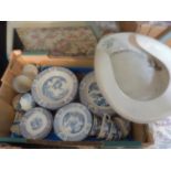 collection of blue and white china and boots douche pan