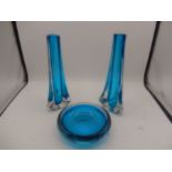 Blue glass dish and 2 matching vases