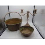 Brass pale, copper dish and silver plated candelabra
